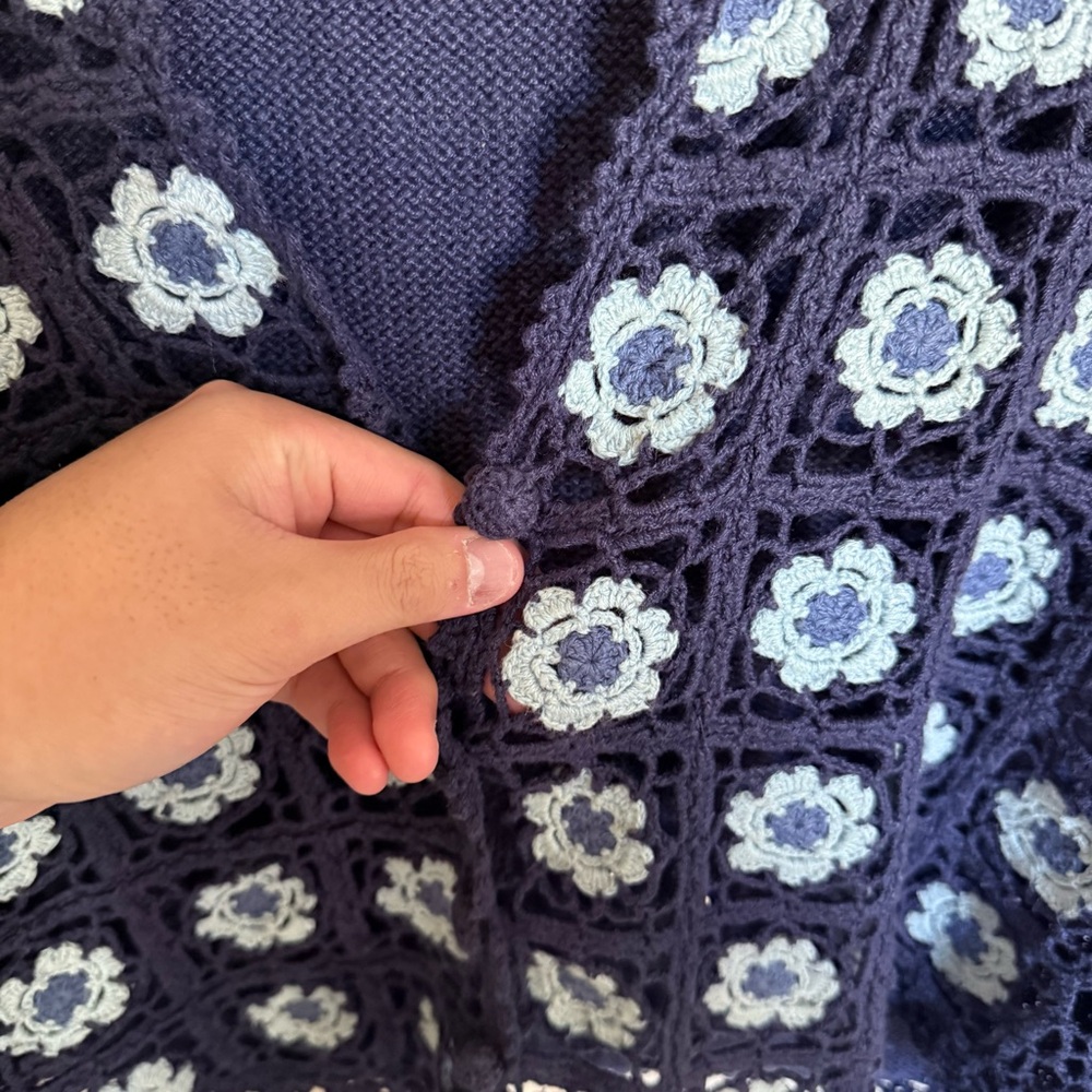 Vintage Boho Chic Coquette Floral Blue Crotchet Sweater Vest Size Large Summer - Picture 4 of 5